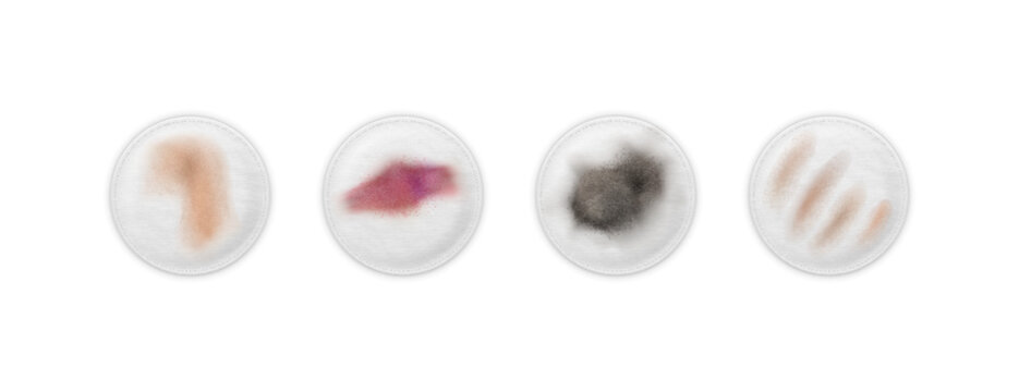 Cosmetic cotton pad disks with dirty traces of mascara, lipstick, foundation, vector used round pad skin care, sponge