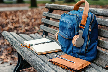 AI Generated - Blue backpack sitting on top of a wooden bench, with a notebook and headphones beside it. Commercial illustration artwork. Illustration. High-resolution. High-res. Premium quality.