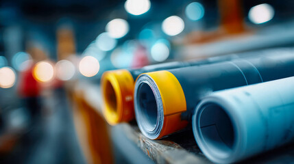 Close-up of rolled architectural blueprints stacked on a worktable in a modern industrial workshop