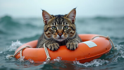 Cat floating on lifebuoy in water looking curious and concerned  