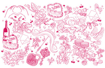 A set of romantic linear elements for Valentine's Day. A collection of love decorations for cards, invitations, and banners. Cute and elegant prints with bows, flowers, ribbons, festive drinks