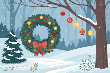 Elegant Christmas Wreath And Ornaments Snowy Professional Photo