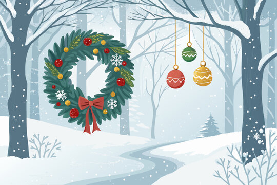 Showcasing Christmas Wreath And Ornaments Snowy Dynamic Professional Photo