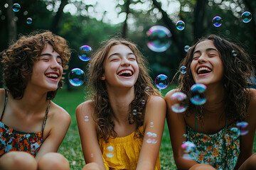 AI Generated - Three young girls sitting on the grass, smiling and playing with soap bubbles. Professional stock photography. Stock photo. High-resolution. High-res. Premium quality. Premium.