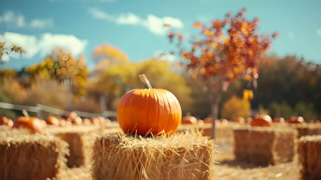 A vivid, closeup shot of a pumpkin in a pumpkin patch setting. The pumpkin is the main subject.