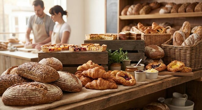 Busy commercial bakery with staff preparing food behind a counter filled with fresh loaves of bread, delicious croissants, cakes, and other pastries ready to bake or sell. - Powered by Adobe