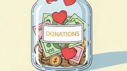 Hearts and currency fall into donation jar illustrating generosity and support