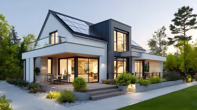 Contemporary architectural home featuring solar energy panels expansive glass facades outdoor living spaces including a deck and balcony surrounded by lush greenery and subtle exterior lighting