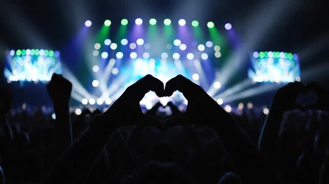 4K crowd with hands forming a heart shape at a lively concert, vibrant stage lights illuminating the atmosphere