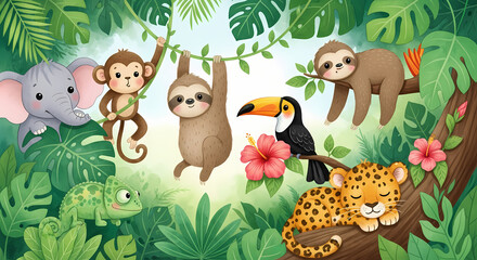 Naklejka premium Adorable Jungle Animals Cartoon Illustration Featuring Sloths Monkey Toucan Leopard and Elephant.