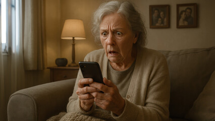 An elderly woman sits shocked on her sofa, staring at her smartphone. Her startled expression captures the moment of receiving unexpected or distressing news.