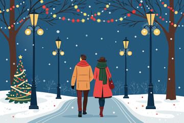Couple Walking Snowy Park Christmas Creative Visual Great for Commercial Projects