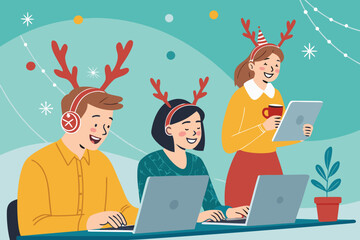 Beautiful Coworkers Wearing Reindeer Headbands Work Creative Visual