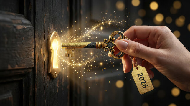 Hand inserting a magical golden key with a 2026 tag into a glowing keyhole. Unlocking new opportunities for the New Year on a dark wooden door with bokeh lights.
