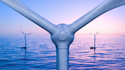 Green energy. Environmental care. A wind farm on water. Wind power generation. Clean electricity generation. Rotating wind turbines on water. Renewable energy sources. - Powered by Adobe