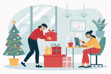 Dynamic Coworkers Wrapping Gifts Office Bold Professional Photo