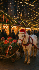 A white horse in a Santa hat stands beside a festive carriage at a bustling Christmas market. Holiday lights, gifts, and decorations create a magical, cheerful scene.