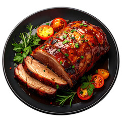 Whole hornado a succulent roast pork dish from ecuador with crispy skin presented on a platter and professionally isolated on white background