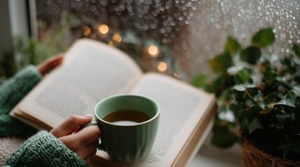 Reading a book while sipping tea by a rainy window with plants in soft lighting