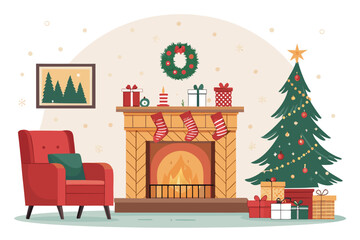 Beautiful Cozy Fireplace Living Room With Christmas Premium Digital Asset