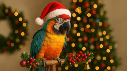 A vibrant macaw parrot wearing a Santa hat sits festively in front of a glowing Christmas tree. Bright holiday decorations and bokeh lights add to the cheerful atmosphere.
