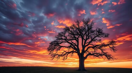 Obraz premium A hyperrealistic portrayal of a solitary weathered oak tree against a dramatic sunset sky, bathed in warm orange and deep purple hues, sharp focus, wide-angle lens