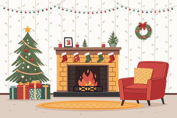 Cozy Fireplace Living Room With Christmas Professional Photo Suitable for Design