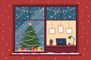 Cozy Office Window With Snow Falling Outsi Premium Digital Asset Great for Commercial Projects