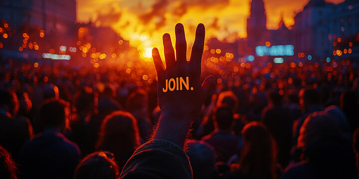 Hand raised in a crowd at sunset inviting participation Generative AI