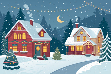 Cozy Snowy Village With Christmas Decorati Professional Photo Suitable for Design