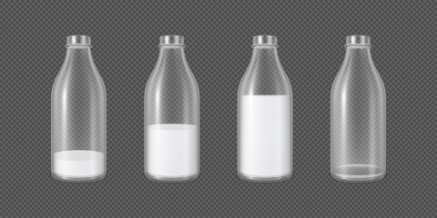 Realistic transparent plastic or glass bottles of milk mock up vector set, dairy product packages with milk and without