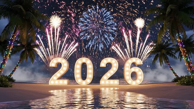 Illuminated number 2026 on a tropical beach at night with fireworks exploding in the starry sky and palm trees decorated with lights