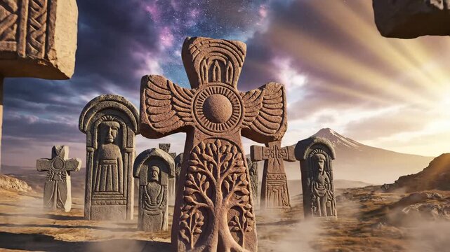 Ancient stone cross sculptures with intricate knotwork designs and sunlight