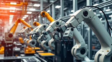Fototapeta premium An ultra-detailed, realistic snapshot of a manufacturing facility, robotic arms in precise motion, industrial setting captured with clarity, highlighting business operations