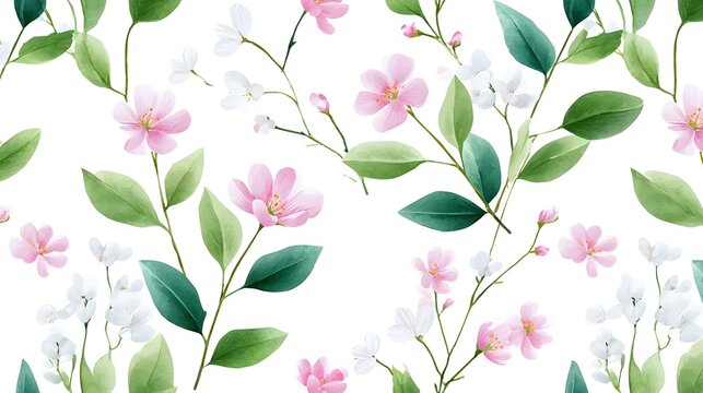 Beautiful seamless watercolor illust n of pink and white flowers with lush green leaves and delicate branches perfect for spring or garden themed designs