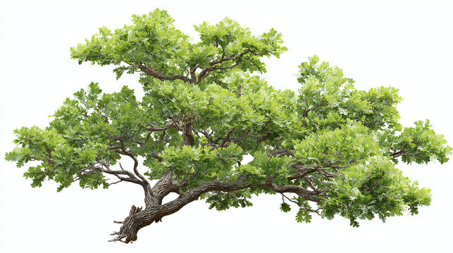 A majestic oak tree, its branches laden with vibrant green leaves, stands tall 
