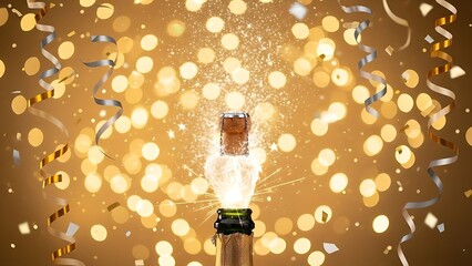 Champagne bottle popping with a celebratory cork and sparkling golden bokeh lights, surrounded by festive confetti and streamers for a joyful occasion