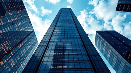 A photorealistic architectural rendering of a modern glass skyscraper, reflecting the city lights and clouds, sharp lines and polished surfaces dominating the frame