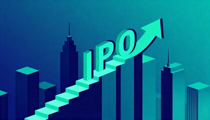 Isometric IPO Text Forming Staircase Leading Upwards on Skyscrapers