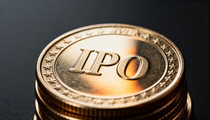 Gold Coin Embossed with IPO Text on Stack of Currency
