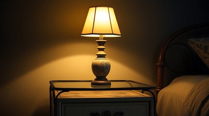 Ultra-realistic, a vintage wrought-iron bedside table with a single ceramic lamp casting a warm glow, framed tightly to focus on texture and antique details