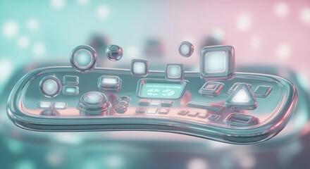 Abstract futuristic interface display with floating elements and glowing light effects in teal and pink