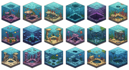 Fototapeta premium Isometric Aquarium Collection: Diverse Underwater Habitats in Cube Form.