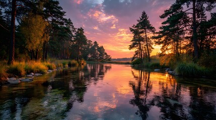 serene river flows through a dense forest at sunset while the sky is painted with streaks of pink and orange reflecting on the calm water.