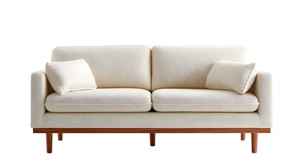 Naklejka premium Stylish and comfortable contemporary cream sofa with plush cushions subtle wooden frame and legs presented against a clean white backdrop
