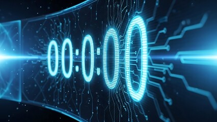 Futuristic digital timer counting down to an important moment or new beginning on a high-tech circuit background with glowing blue lights
