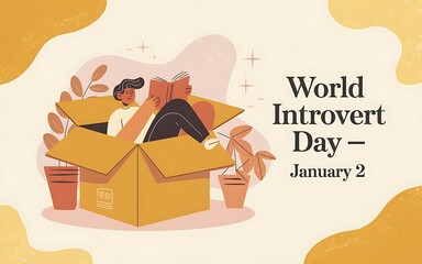 World introvert day cozy illustration of a person reading inside a cardboard box serene muted palette calm lifestyle vector design for mental health awareness social posts and event flyers