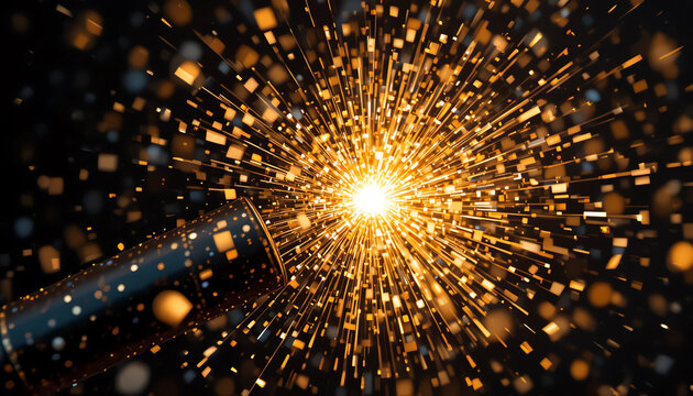 Close-up of party popper exploding with golden confetti and glitter in dark background, celebration concept, ultra realistic
 - Powered by Adobe
