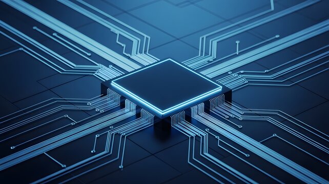 Futuristic computer microchip concept, electronic CPU processor circuit board pattern symbolizing digital innovation and AI technology