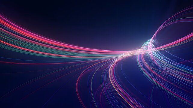 Futuristic light trail lines on black background, fast motion abstract technology concept representing speed, data, and digital design